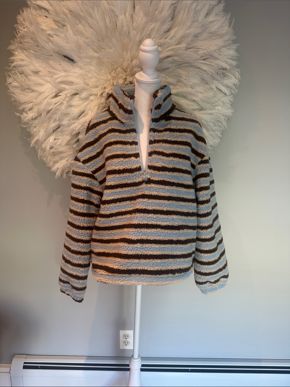 Cider Striped Sherpa Half-Zip Pullover - Blue, Brown, Cream
